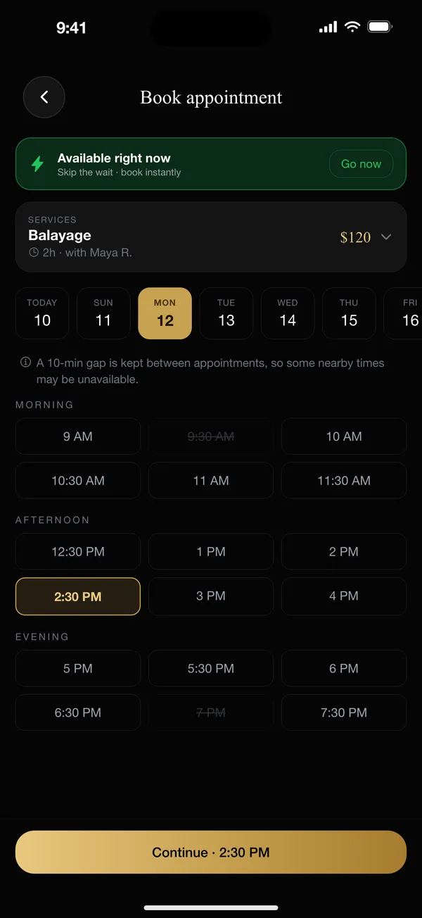 Book an appointment — pick a service, day and time