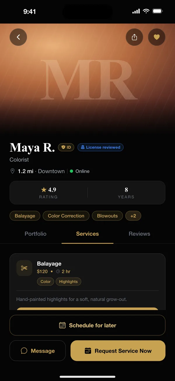 A stylist profile with services, rating and reviews